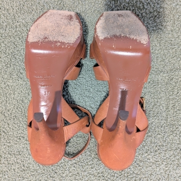 YSL Saint Laurent Brown Leather Tribute T-Strap Platform Stiletto Heels Size 7 - Picture 12 of 13